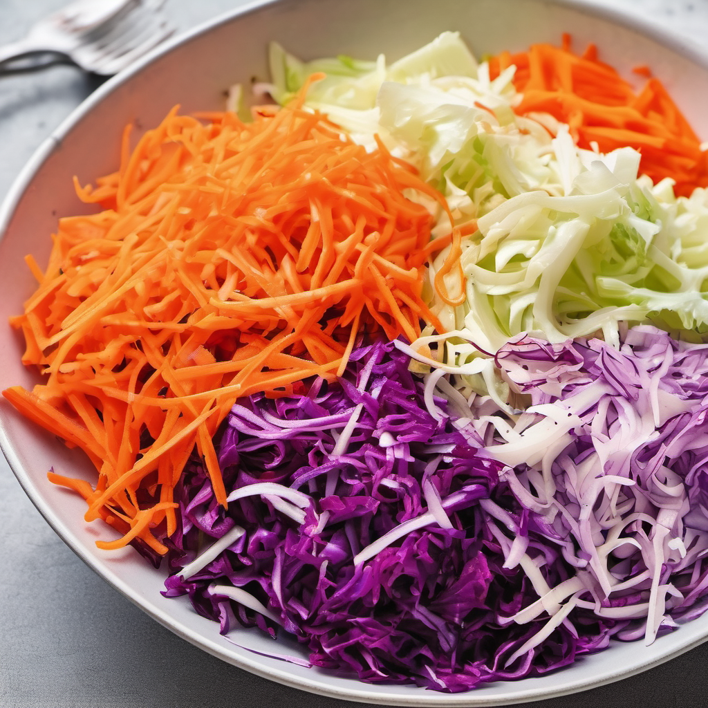 The image shows a bowl filled with freshly prepared coleslaw ingredients. The bowl contains finely shredded vegetables arranged in a visually appealing manner. The coleslaw includes vibrant orange carrots, bright purple cabbage, and light green and white cabbage. The colours are distinct and vivid, showcasing the freshness of the vegetables. The background is slightly blurred, with a glimpse of a fork and a neutral-coloured surface, emphasizing the focus on the colourful and neatly arranged coleslaw ingredients.