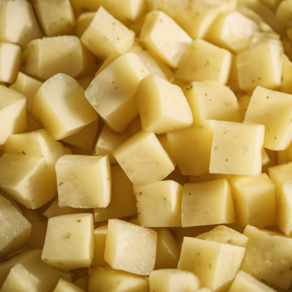 The image shows a close-up of several cubed potatoes. The potato pieces are uniformly cut into small cubes, revealing their pale yellow or white flesh. The surface of each cube is smooth, and some appear to have a slight sheen, indicating they might be freshly cut or lightly seasoned. The cubes are densely packed together, showcasing their clean and even preparation, ready for cooking or further processing.