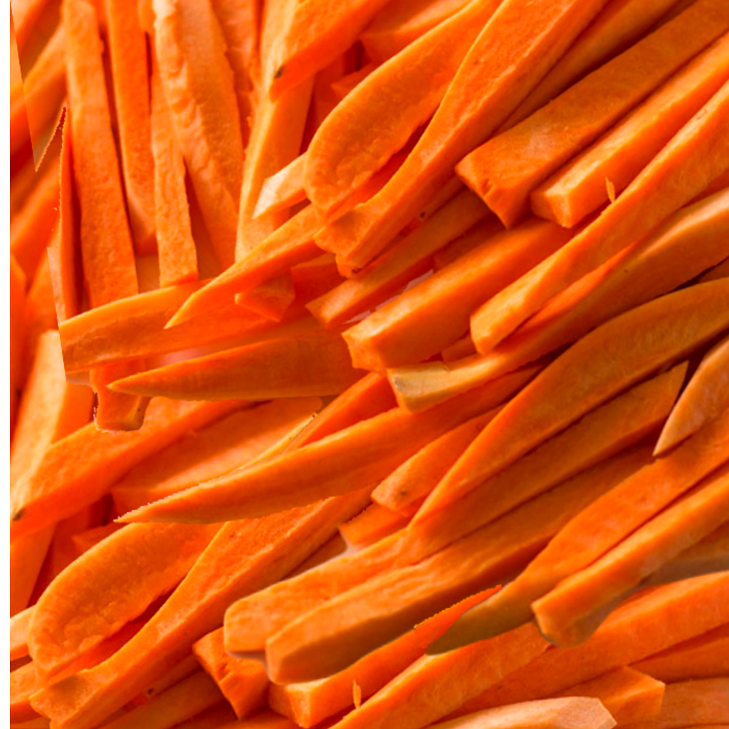 The image shows a close-up of a pile of sweet potato strips, cut into thin, uniform shapes resembling fries or chips. The sweet potatoes are vibrant orange, with a slightly rough texture visible on their surfaces. The arrangement is densely packed, highlighting the volume and consistency of the cuts. The background is out of focus, keeping the attention on the sweet potato strips and their rich, natural color.