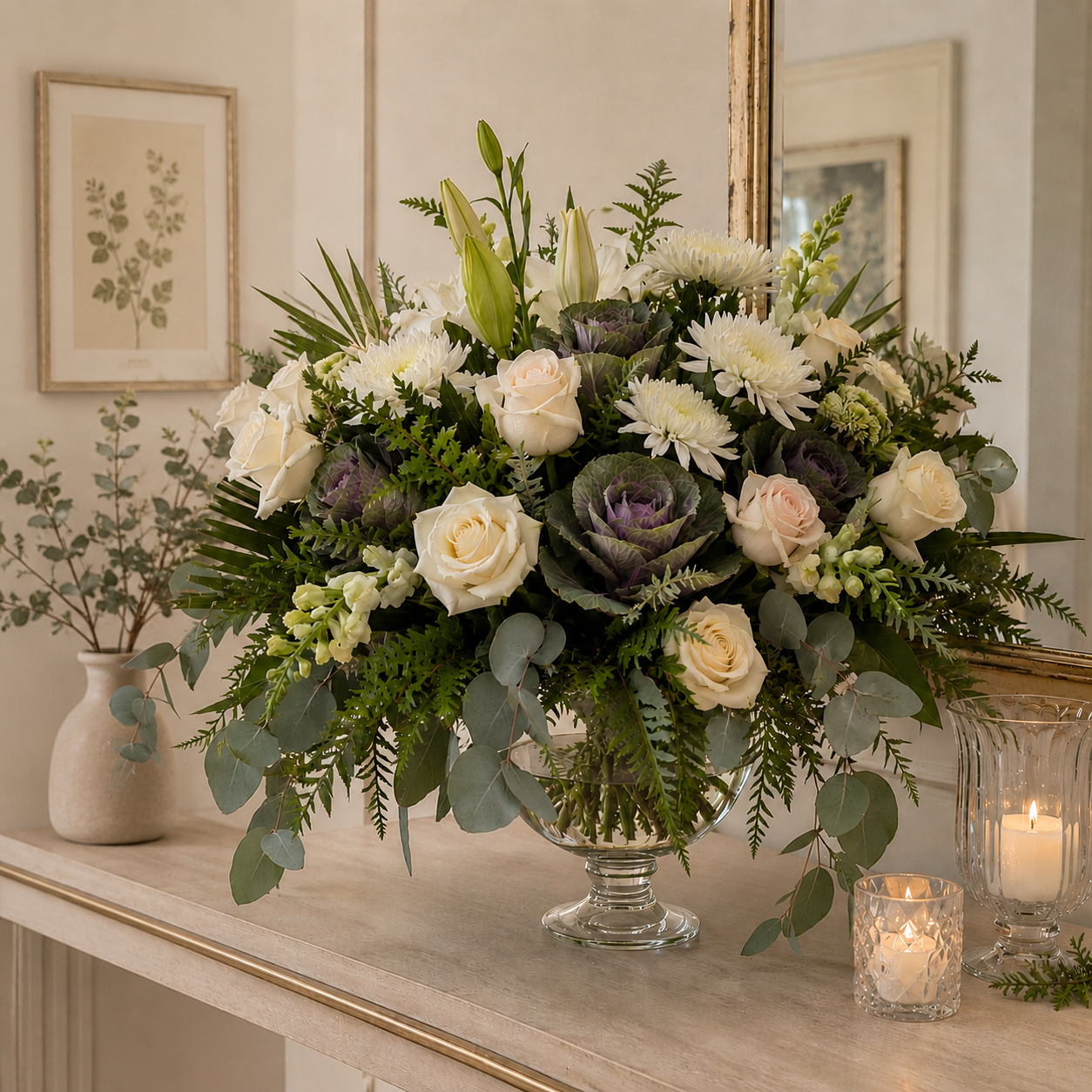 VA004_WhiteRoseKaleEucalyptus_ChateauVase