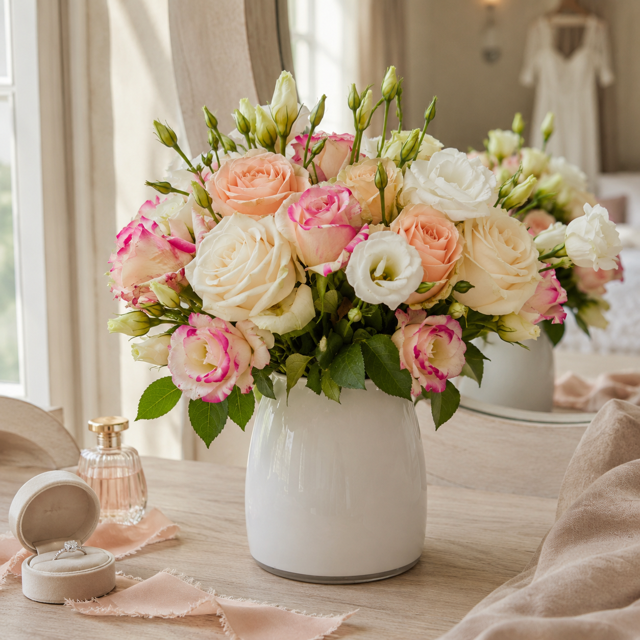 VA023_PeachRose4-URoseWhiteLisianthus