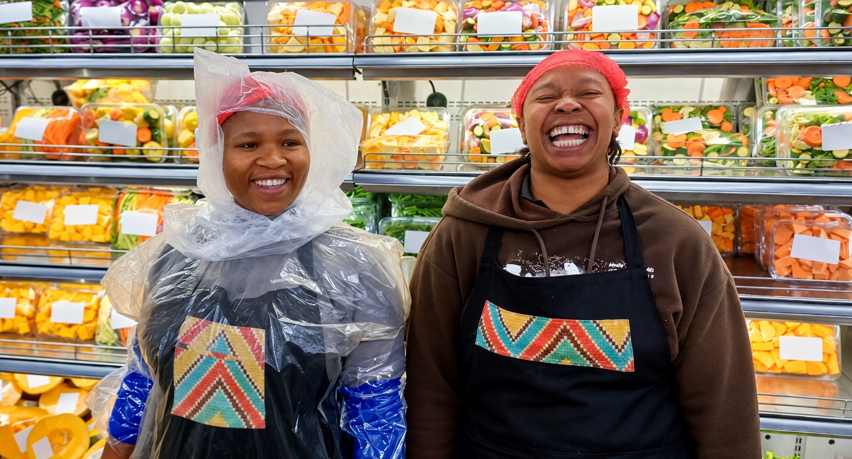 Honeydew colleagues sharing a laugh beside the prepared vegetable display
